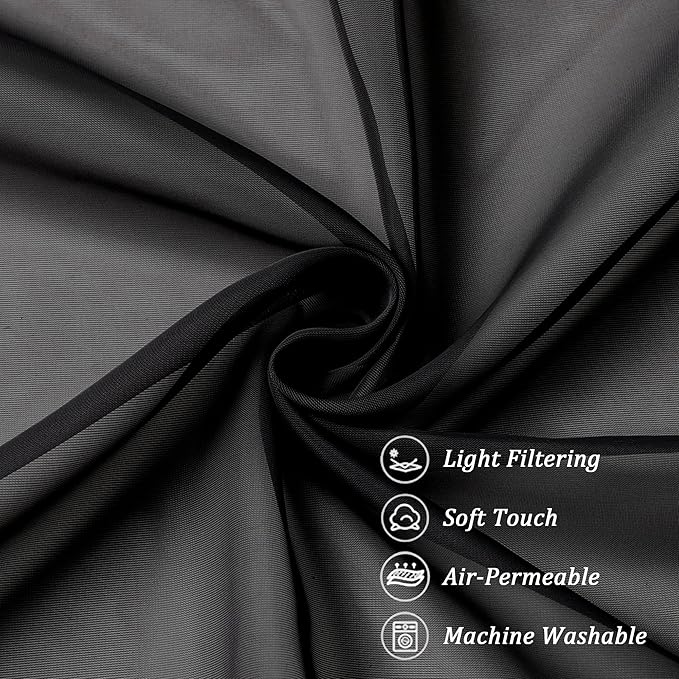 Chyhomenyc Black Sheer Tier Curtains 24 Inch Length, Small Window Curtains Treatment for Bathroom/Living Room/Cafe/Basement, Short Voile Curtain Tiers, 42W x 24L, Rod Pocket, 2 PCS