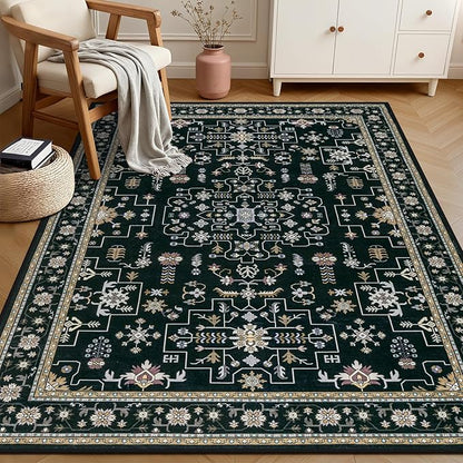6x9 Area Rugs Living Room Rug: Washable Vintage Boho Medallion Rug No Slip Stain Resistant Soft Carpet Indoor Floor Large Carpets for Bedroom Dining Room Farmhouse Nursery Hallway Home Office Black