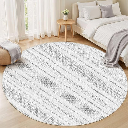Nakagishi Round Rug Boho Area Rugs: 5x5 Washable Large Circle Neutral Soft Stain Resistant Non-Slip Carpet for Women Aged 25-45 Farmhouse Decor Enthusiasts - Living Room Bedroom Dining Room Nursery