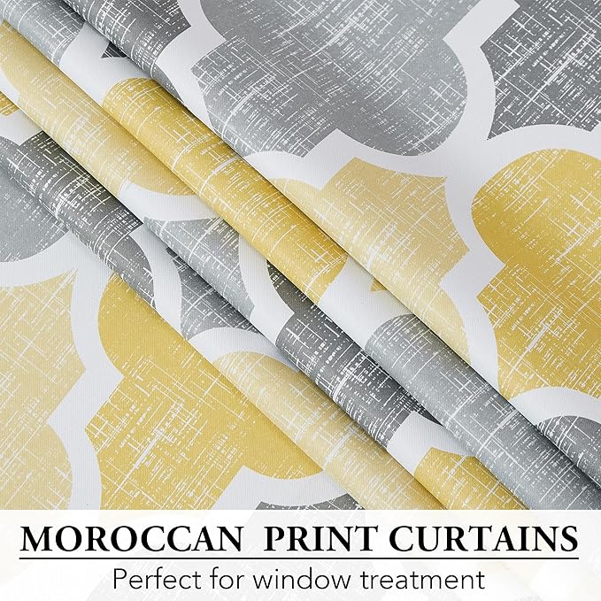 Beauoop 100% Blackout Curtains 84 Inches Long 2 Panels for Bedroom Living Room Yellow Grey Moroccan Geo Room Darkening Thermal Insulated Soundproof Rod Pocket Back Tab Window Treatments Drapes, 50x84