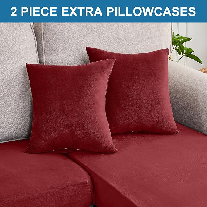 Couch Cover 4-Piece Elastic Velvet Couch Cushion Covers & Chaise Slipcovers for L-Shaped Sofas, Sofa Seat Covers Washable, Soft Cover for Couches (3 Seater + Chaise, Christmas Red)