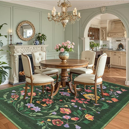 GarveeHome Washable Rug 4x6 Area Rugs for Living Room, Floral Rug for Bedroom, Soft Boho Non Slip Throw Rugs with Rubber Back, Low Pile Stain Resistant Vintage Floral Carpet for Dining Room, Green