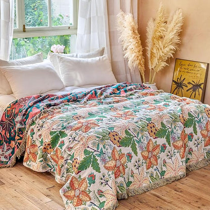 MSGKV Boho Throw Blanket for Bed Twin Size 100% Cotton Floral Blanket 60"x80" Lightweight Farmhouse Muslin Spring Breathable Couch Blankets Home Decor All Seasons