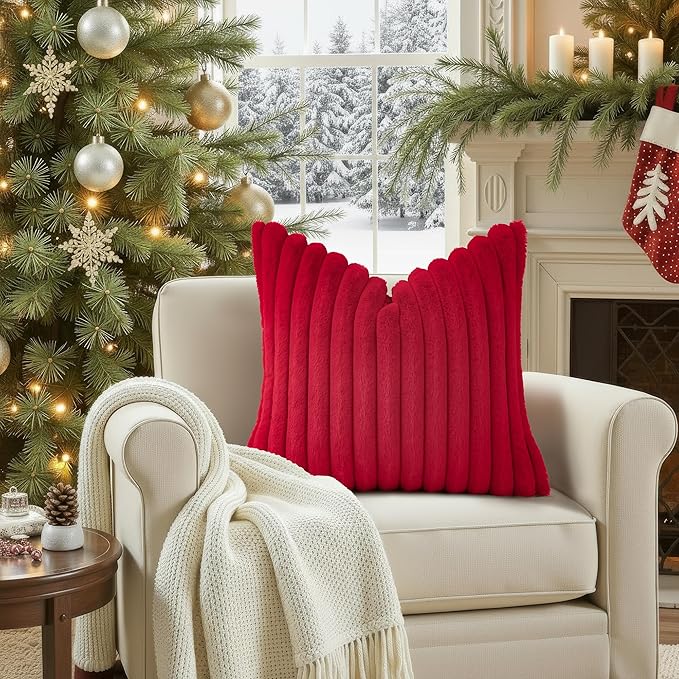 decorUhome Cozy Faux Fur Throw Pillow Covers 26x26 Set of 2 Decorative Soft Plush Striped Modern Farmhouse Boho Couch Euro Sham Pillow Cases with Velvet Back for Sofa Bed Living Room, Red