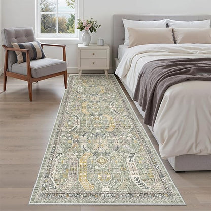Madane Runner Rug 2'6''x8' Kitchen Runner, Hallway Runner Printed Vintage Washable Rugs Soft Non-Slip Low Pile 2.5x8 ft Runners for Hallways Laundry Room Rug Distressed Rug, Green/Gold