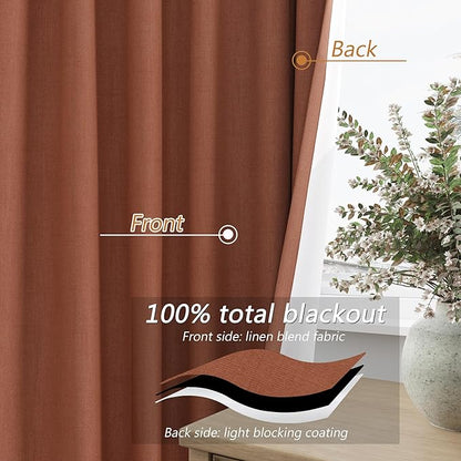 Guken Terracotta 100% Blackout Curtains 96 Inch Length 2 Panels Set Fall Curtains for Living Room Bedroom Back Tab Thermal Insulated Black Out Linen Drapes, 52x96