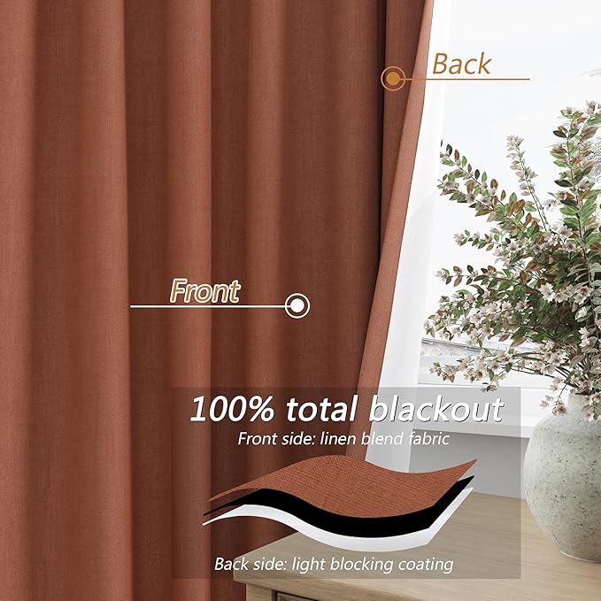 Guken Terracotta 100% Blackout Curtains 120 Inch Length 2 Panels Set Fall Curtains for Living Room Bedroom Back Tab Thermal Insulated 100% Black Out Linen Drapes，52x120