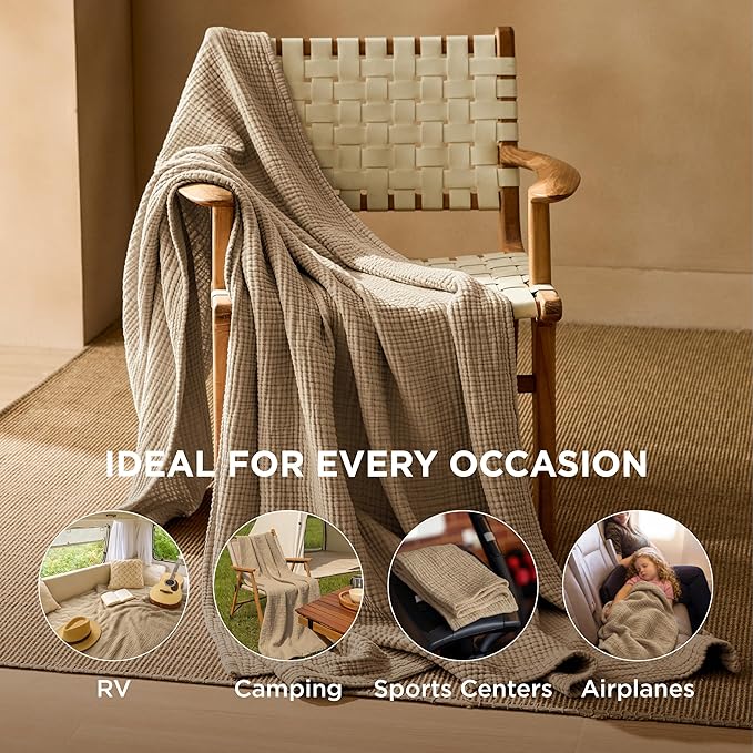 Bedsure 100% Cotton Muslin Throw Blanket Twin XL for Bed - 4-Layer Breathable and Lightweight Thin Soft Summer Gauze Muslin Blankets for Adults, Light Brown, 66x90 Inches