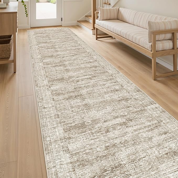 Runner Rug 2'6" x 12' Washable Non-Slip Runner Rugs for Kitchen Bathroom Laundry Room Vintage Ultra Thin Runners for Hallway Entryway Brown