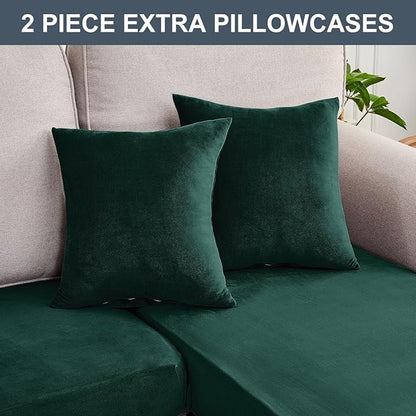 Couch Cover 6-Piece Elastic Velvet Couch Cushion Covers & Chaise Slipcovers for L-Shaped Sofas, Sofa Seat Covers Washable, Soft Cover for Couches (5 Seater + Chaise, Christmas Green)