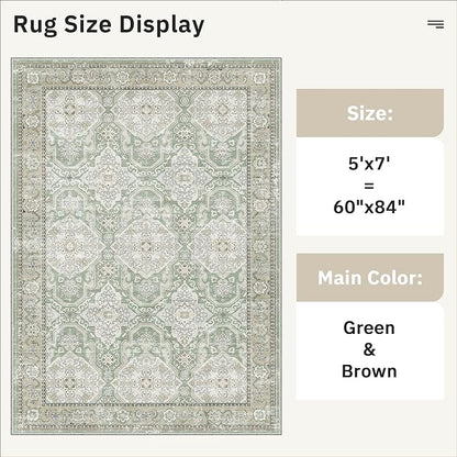Soalmost 5x7 Area Rugs Green/Brown Low Pile Indoor Washable Trendy Faded Style Rugs for Bedroom Living Room Dining Room Foldable Non-Slip Thin Print Home Office Mat