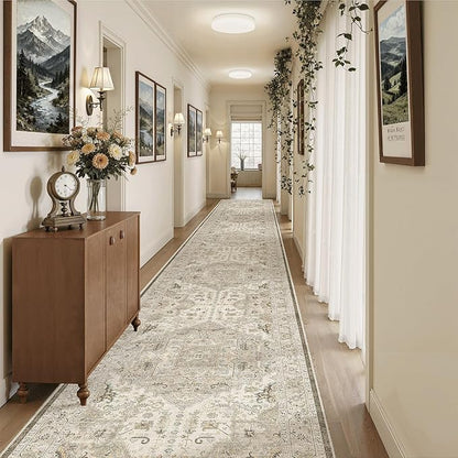 Madane Hallway Runner Rug 3x18 - Kitchen Rugs 18ft Washable Entryway Rug Vintage Kitchen Runners Non Slip Indoor Area Rug Farmhouse Carpet Runner for Bathroom Living Room Bedroom, Ivory/Brown