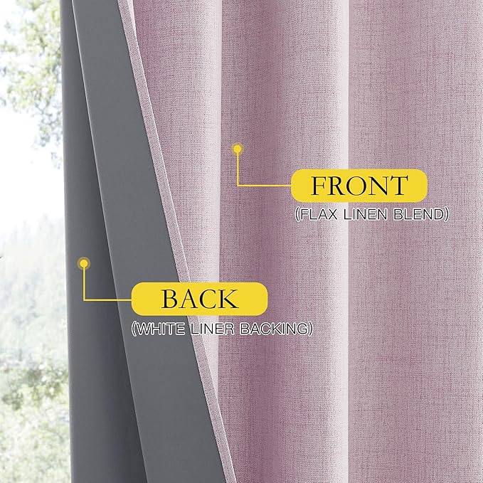 NICETOWN Pink Vintage Linen 100% Blackout Curtains for Living Room, Thermal Insulated Curtains 95“ Long, Noise Reducing Window Treatment Drapes for Home Office, 62" Wide Per Panel, Set of 2