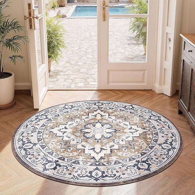 Lofus 4ft Area Rugs for Living Room, Washable Area Rug, Rugs for Bedroom, Kitchen, Vintage Boho Carpet, Soft Non-Slip, Low Pile Large Area Rug for Office Dining Room, Floral Brown