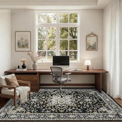 6x9 Area Rugs Living Room Rug: Washable Vintage Boho Medallion Rug No Slip Stain Resistant Soft Carpet Indoor Large Carpets for Bedroom Dining Room Farmhouse Nursery Hallway Home Office Black Gold