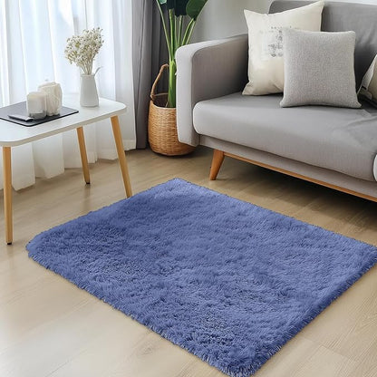 OLANLY 3x5 Machine Washable Small Bedside Rug, Soft Fluffy Shaggy Rugs for Living Room, Bedroom, Indoor Floor Carpet for Kids Girls and Boys, Preppy Dorms, Nursery, Home Decor Aesthetic, Denim Blue