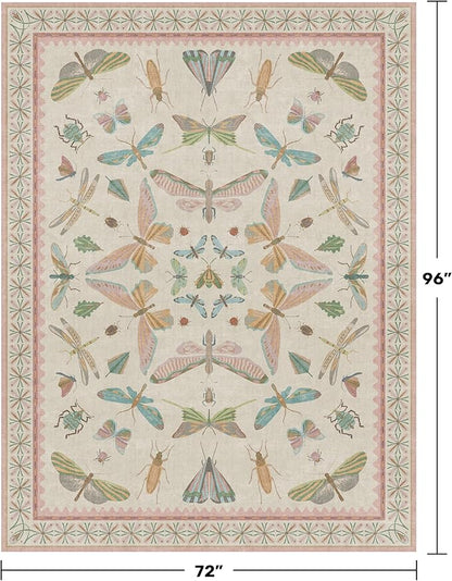 Pastel Pink Girls Rugs for Bedroom 6x8 - Washable Area Rug for Living Room, Dining Room Under Table, Boho Butterfly Cut Design, Low Pile & Soft Stain Resistant Carpet