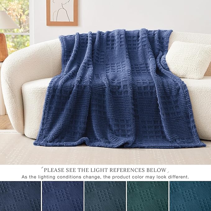 EXQ Home Fleece Throw Blanket for Couch or Bed - 3D Waffle Patchwork Pattern Jacquard Decorative Blankets - Cozy Soft Lightweight Fuzzy Flannel Blanket Suitable for All Seasons(50"×60",Dark Blue)