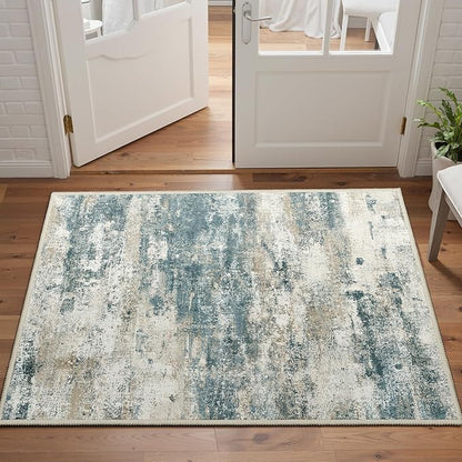 2x3 Rugs for Entryway Entrance Kitchen Bathroom, Machine Washable Modern Abstract Soft Area Rug, Low Pile Indoor Floor Carpet with Non Slip Backing, Navy Beige
