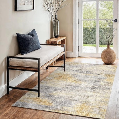 3x4 Washable Entryway Area Rug: Modern Abstract Small Runner Rug for Hallway Soft Non Slip Door Mat with Rubber Backing Low Pile Thin Floor Carpet for Kitchen Bathroom Bedroom Indoor 3x4 Grey/Yellow