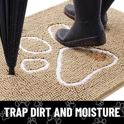 Smiry Dog Door Mat for Muddy Paws, Absorbent Dirt Trapper Non Slip Quick Dry Washable Chenille Mat for Mud Dogs, Entry Rug for Indoor and Outdoor (54x32 Inches, Beige and White)