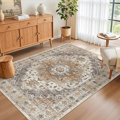 Madane Area Rug 4x6 Washable Rugs: Vintage Living Room Rug Soft Low Pile Non Slip Area Rugs Distressed Indoor Floor Carpet for Bedroom Kitchen Dining Room Home Decor, Turmeric/Grey