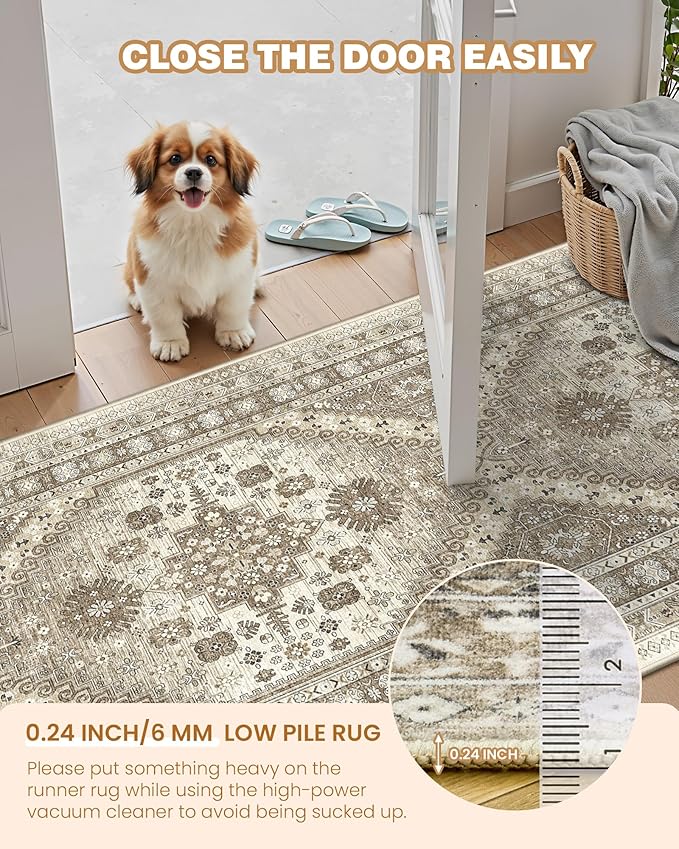 2x5 Rug Runner Washable for Entryway, Soft Bathroom Rugs with Non-Slip Backing,Vintage Low Pile Stair Runner, Small Kitchen Carpet for Hallways, Laundry Room(Brown,2'x5')