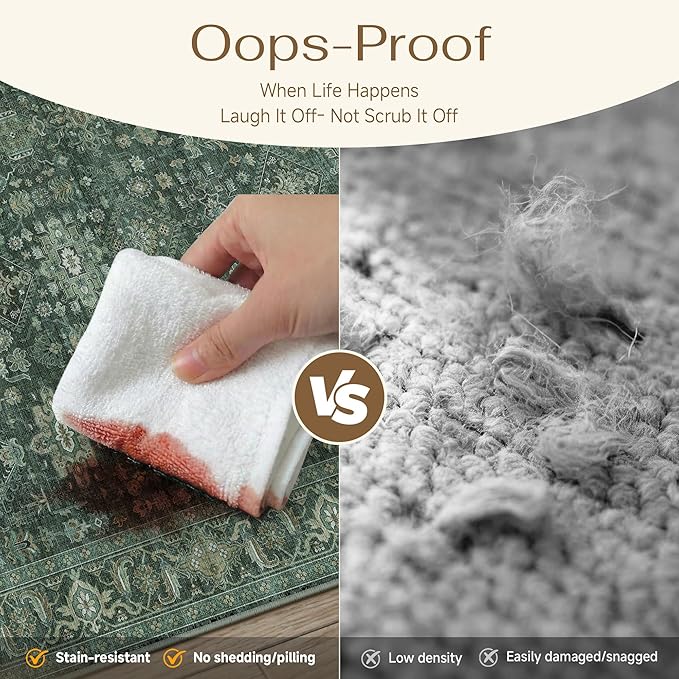 5x7 Washable Area Rug for Living Room Bedroom Vintage Green Soft Low Pile Carpet Traditional Retro Non Slip Throw Rug for Dining Room Entryway Indoor Dorm Kitchen