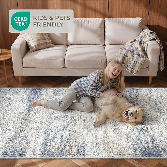 2x3 Washable Rug Runner for Bathroom, Soft Entryway Rug for Laundry Room, Kitchen, Vintage Abstract Hallway Runner for Bedroom, Anti-Slip Door Mat Indoor Entrance(2'x3', Blue/Brown/Ivory)