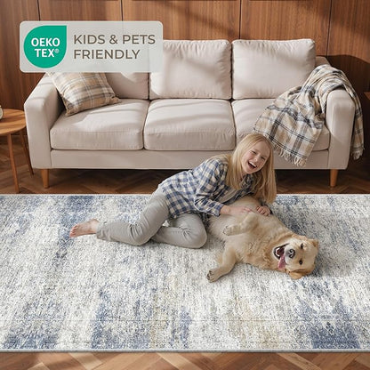 Rug Runners for Hallways Non Slip - 2x8 Runner Rug for Bedroom, Washable Runner with Rubber Backing, Soft Low-Pile Carpet for Kitchen, Laundry, Bathroom (2'x8', Blue/Brown/Ivory)