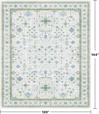 Hazo Haus Washable Rugs for Living Room 10x12 - Cream Blue and Green Oriental Floral Geometric, Low Pile Non Slip Extra Large Area Rug for Dining Under Table, Bedroom, Lounge
