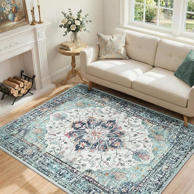 RELEANY Area Rugs 4'x6' Washable Non-Slip, Floral Vintage Distress Print Pattern Medallion Carpet for Living Room Bedroom Dining Room, Green Navy Blue White Red Teal Colorful
