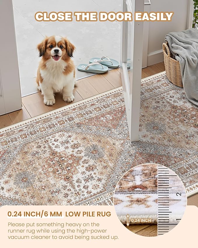 3x5 Washable Area Rug for Entryway, Kitchen Rugs Non Slip for Dining Room, Vintage Floral Soft Living Room Rug, Thin Area Rug Indoor for Bedroom, Kids Room Decor(Orange,3'x5')