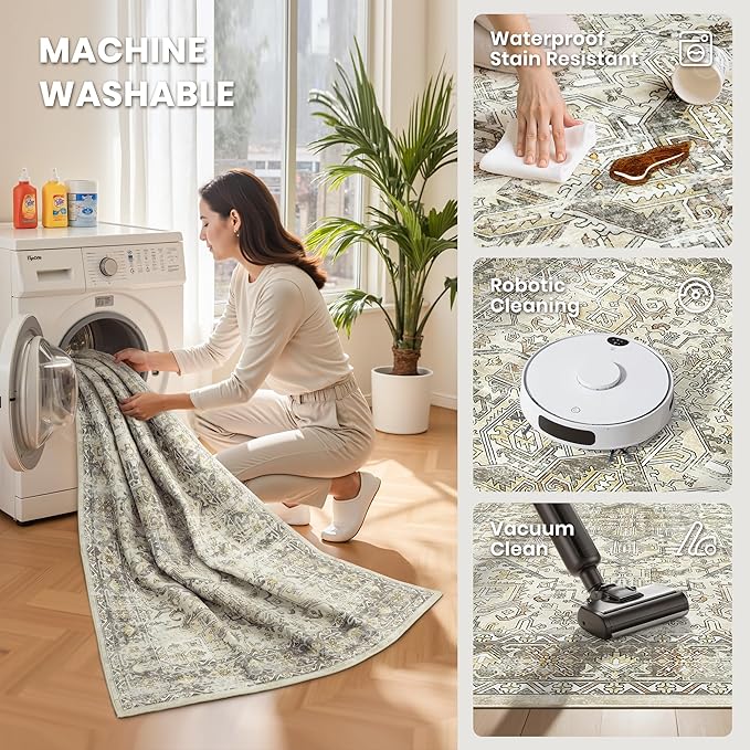 zesthome 5x7 Area Rugs - Ultra-Thin Washble Rug, Stain Resistant Anti Slip Backing Rugs for Living Room,Bedroom, Vintage Home Decor Area Rug (Beige/Brown,5'x7')