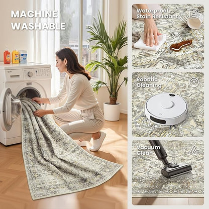 zesthome 5x7 Area Rugs - Ultra-Thin Washble Rug, Stain Resistant Anti Slip Backing Rugs for Living Room,Bedroom, Vintage Home Decor Area Rug (Beige/Brown,5'x7')