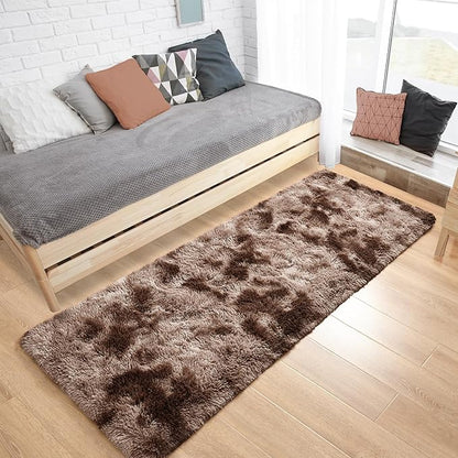 Tepook Fluffy Runner Rugs for Bedroom Aesthetic 2x6 Feet, Shag Soft Bedside Rug with Non-Slip Bottom, Fuzzy Plush Carpet for Room, Hallway Rug for Nursery Dorm Indoor Home Decor, Tie-Dyed Coffee