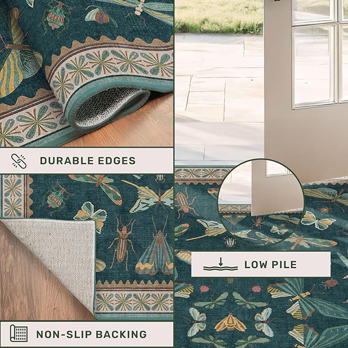 Insect Boho 7X9 Washable Living Room Rug - Bugs, Butterfly, Bees,Soft Area Rugs for Bedroom, Dining Room Under Table, Home Office with Butterfly Design, Stain Resistant Carpet (Green)