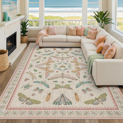 Hazo Haus 7x9 Cute Insect Rugs for Girls Bedroom - Pink and Blue Washable Floral Living Room Rugs, Dining Room Under Table, Insect Print Whimsical Indoor Décor, Low Pile & Soft