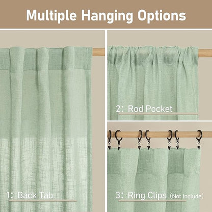 LAMIT Fresh Green Linen Curtains for Living Room, 78 Inch Faux Linen Textured Light Filtering Drapes Back Tab and Rod Pocket Boho Panels for Farmhouse/Bedroom/Porch, 52 x 78 Inch, 2 Panels Set