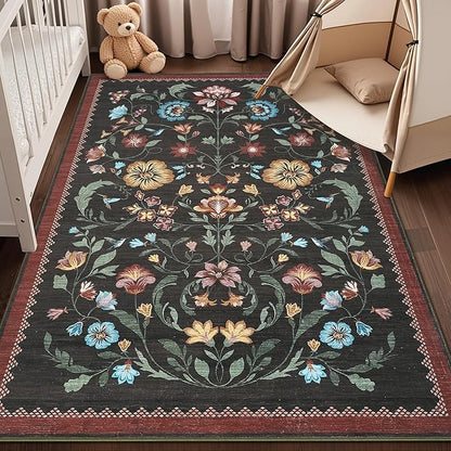 GarveeHome Washable Rug 4x6 Area Rugs for Living Room, Floral Rug for Bedroom, Soft Boho Non Slip Throw Rugs with Rubber Back, Low Pile Stain Resistant Vintage Floral Carpet for Dining Room, Red