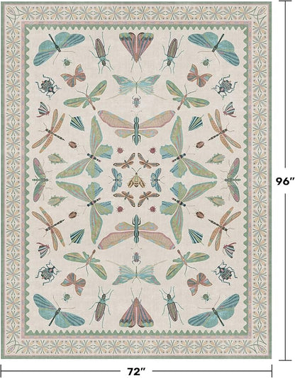Green and Blue Rugs for Bedroom - Washable 6x8 Area Rug for Living Room, Dining Room, Non Slip Fun Insect Cute Kid Room Carpet, Stain Resistant Low Pile & Soft