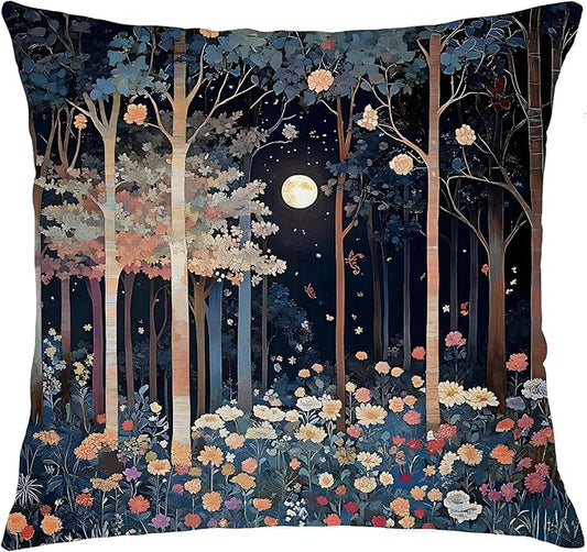 Rustic William Morris Inspired Night Moon Forest Decor Pillow Covers 18x18,Vintage Botanical Nature Landscape Decorative Throw Pillow Covers for Home Bedroom Living Room