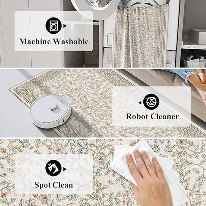 TOPRUUG 2x12 Washable Runner Rug - 12ft Runners for Hallway Non Slip Kitchen Rugs Soft Low Pile Carpet for Bedroom Bathroom Stain Resistant Vintage Floral Floor Mat Home Decor (Floral/Cream, 2X12)