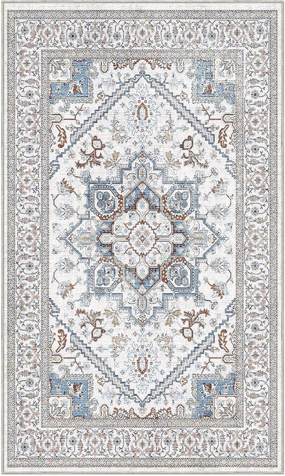 OPPODREAM Soft Neutral Area Rugs 3x5, Washable Rugs with Non Slip Backing, Low-Pile Throw 3x5 Carpet, Faux Cashmere 3 x 5 Carpet, Cream White & Blue & Light Brown