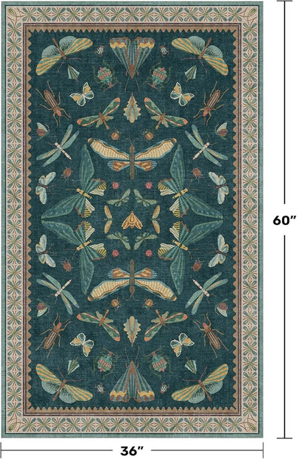 Teal 3x5 Entryway Rug - Door Rug Indoor for Large Kitchen, Living Room, Washable Low Pile Insect Décor