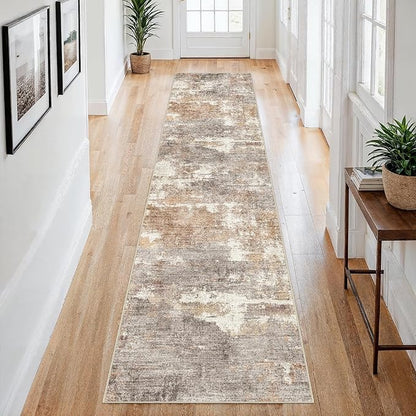 2x8 Washable Kitchen Runner Rug: Modern Abstract Runners for Hallway Soft Non Slip Rugs with Rubber Backing Low Pile Thin Waterproof Floor Carpet for Entryway Bedroom Bathroom Indoor 2x8 Brown/Brick