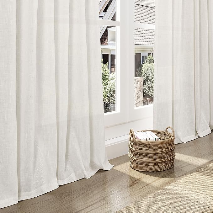 Nanspring Extra Long Curtains 2 Panels 111 Inches Long for Dinning Room Cream Back Tab Rod Pocket Light Filtering Semi Sheer Drapes Cotton Linen Textured Window Curtain for Bedroom 52x111