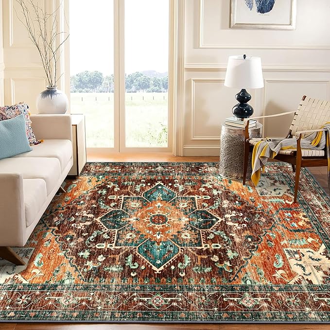 Yamaziot Area Rug 5x7, Non-Slip Washable Boho Vintage Living Room Bedroom Rug with Rubber Backing, Low Pile Faux Wool Soft Distressed Rug Floor Carpet for Living Room, Bedroom