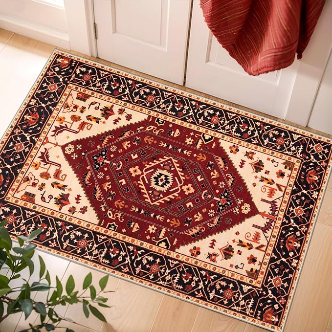 SERISSA Boho Rugs for Entryway, 2x3 Washable Non-Slip Entryway Rug Small Area Rug, Ultra Soft Oriental Vintage Red Black Low-Pile Indoor Door Mat Floor Carpet for Entrance Bedroom Kitchen Bathroom