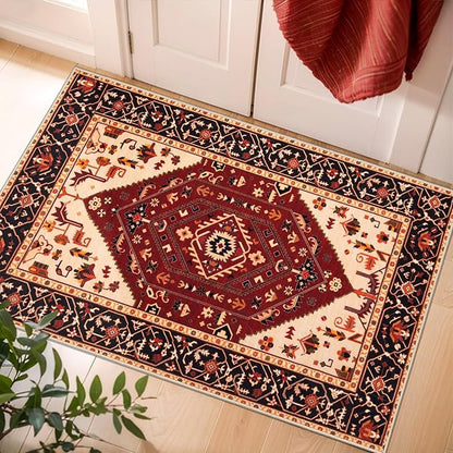 SERISSA Boho Rugs for Entryway, 2x3 Washable Non-Slip Entryway Rug Small Area Rug, Ultra Soft Oriental Vintage Red Black Low-Pile Indoor Door Mat Floor Carpet for Entrance Bedroom Kitchen Bathroom